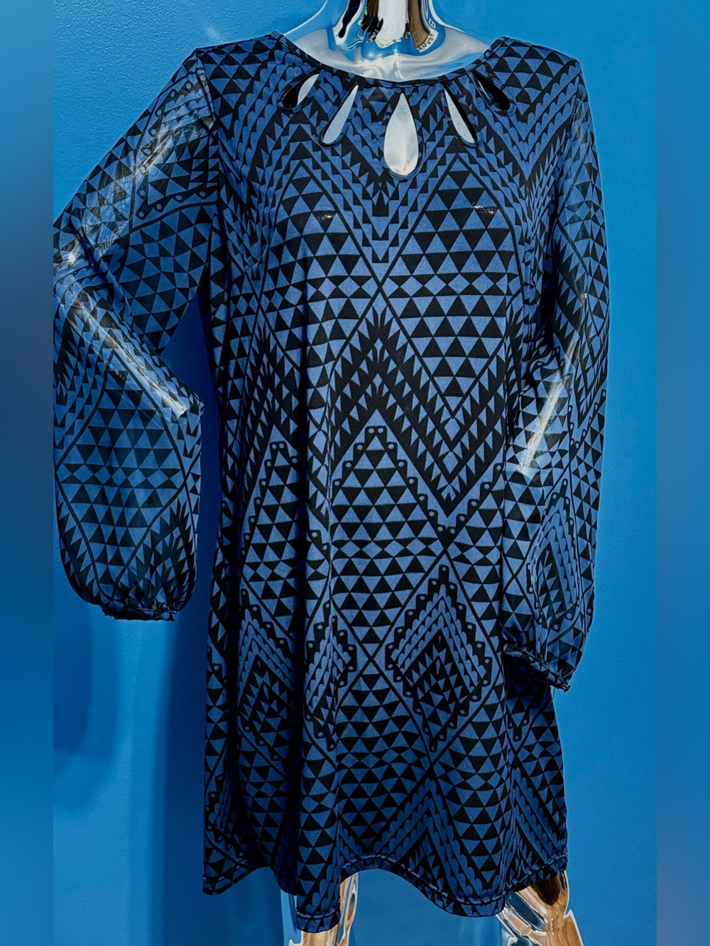 Danny & Nicole Blue and Black Geometric Long Sleeve Dress L